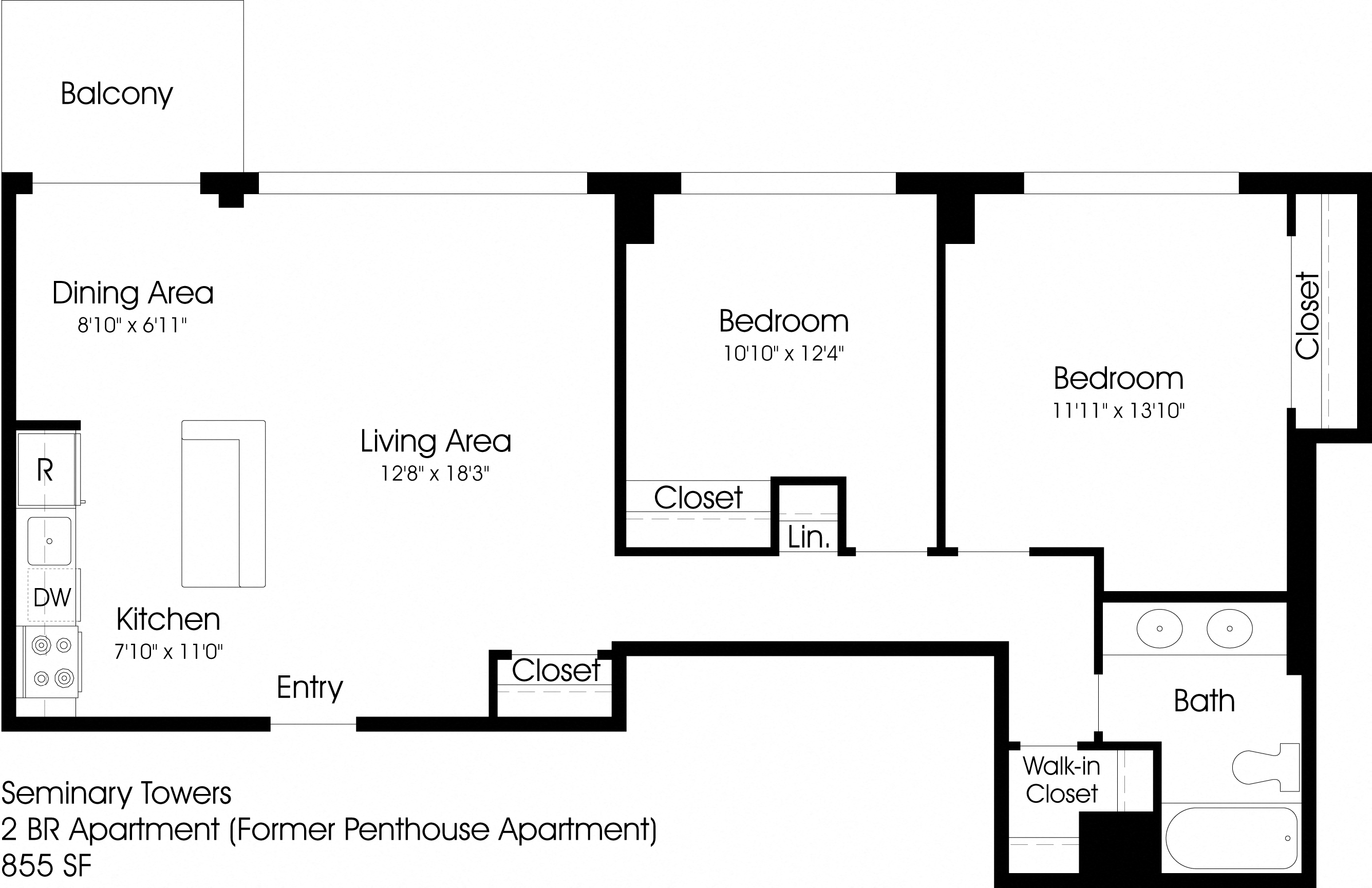 Floor plan for 2 beds, 1 bath, 855 sqft